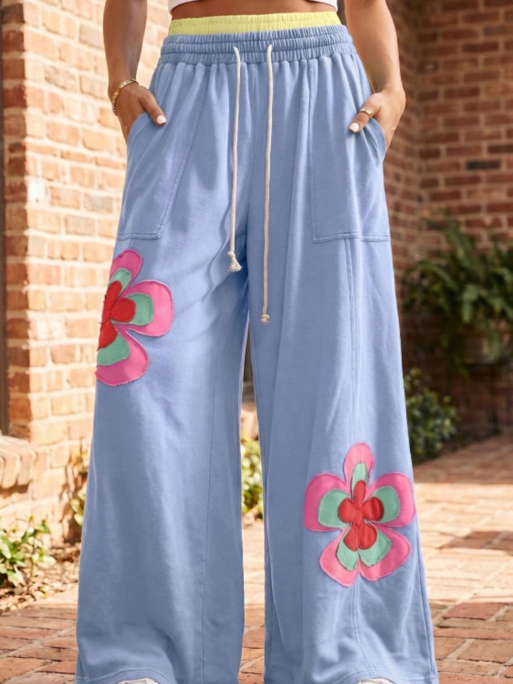 Wide-Leg Blue Flower Appliqué Lounge Pants